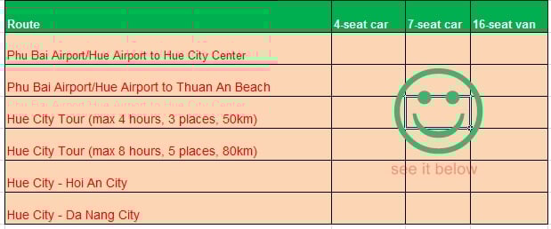 Price table of car hire from Hue city Vietnam Price table of car hire from Hue city Vietnam