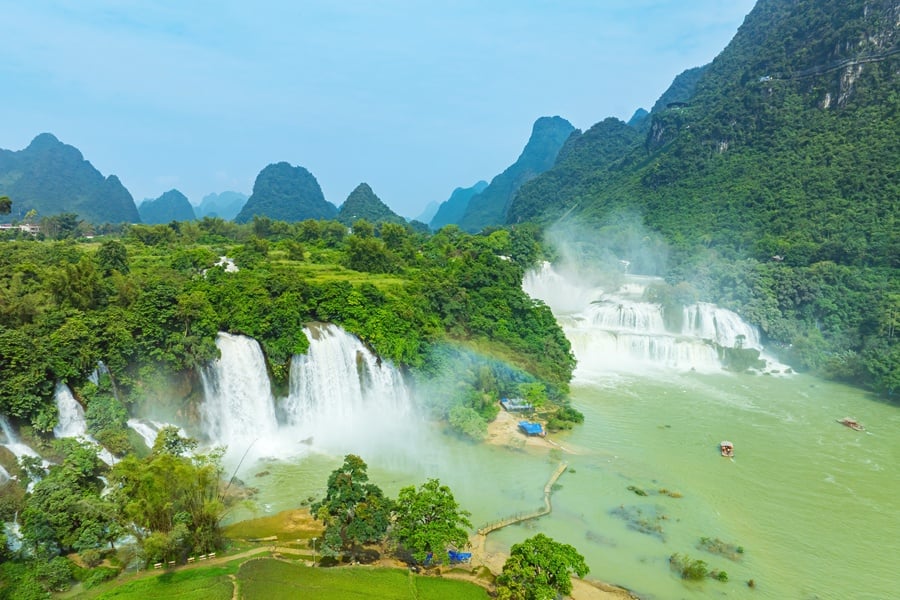 Amazing aerial view of Ban Gioc Waterfall in Cao Bang