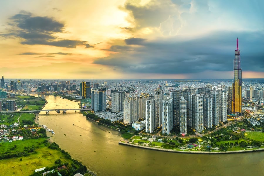 Sunset over Ho Chi Minh City on a sunny day
