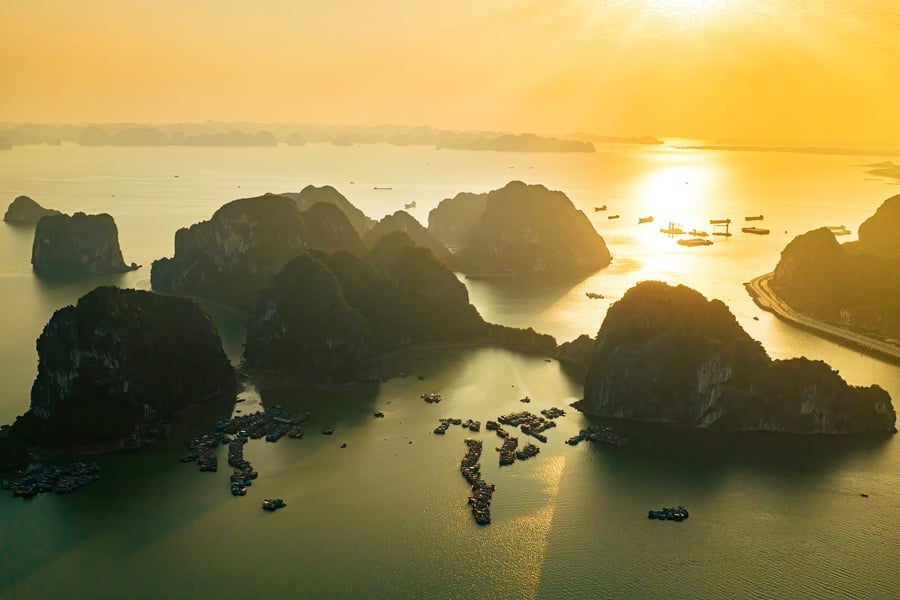 Sunrise in fishing village in Ha Long