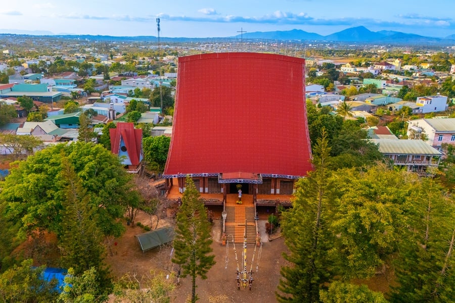 PleiChuet Church in Pleiku City, Vietnam, designed in the shape of a traditional Central Highlands rong house