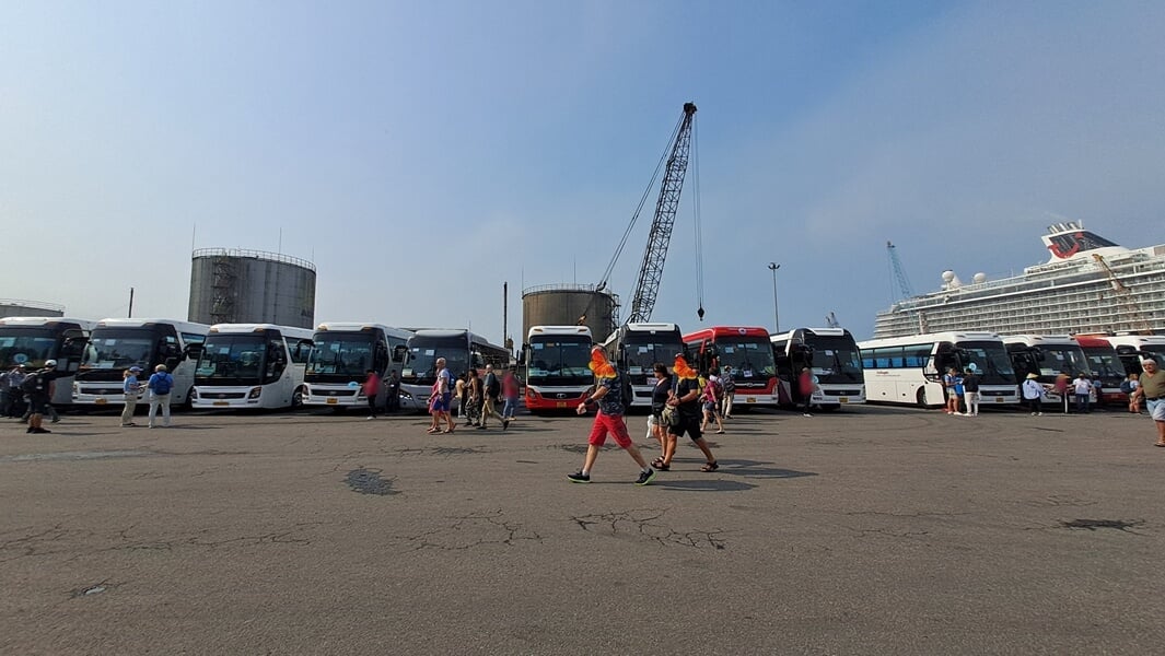 Toeristenbussen in Vietnam die bij een haven wachten op cruisepassagiers