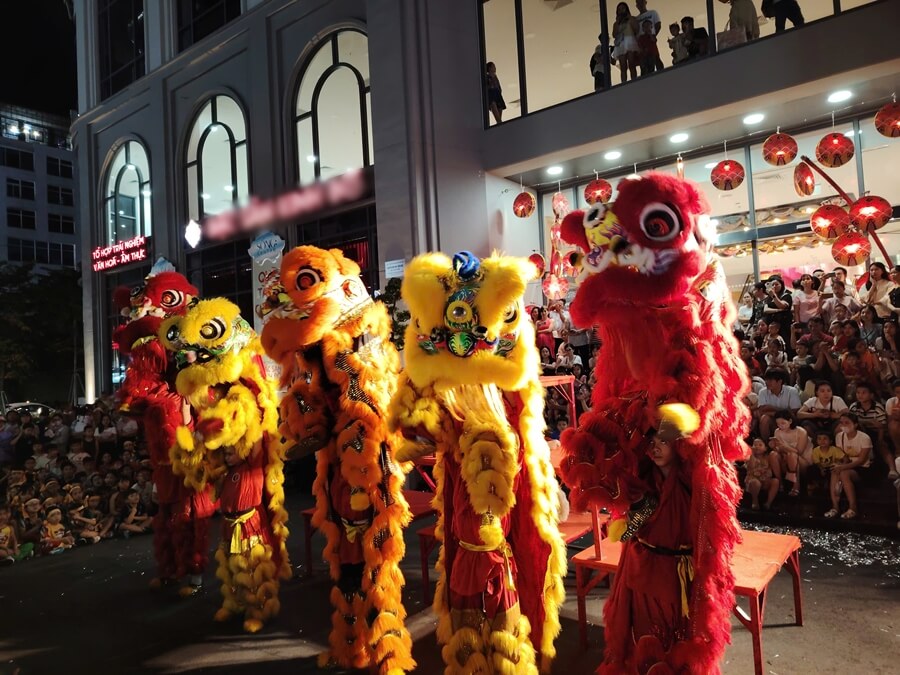 Lion dance performance during the Mid-Autumn Festival in Vietnam