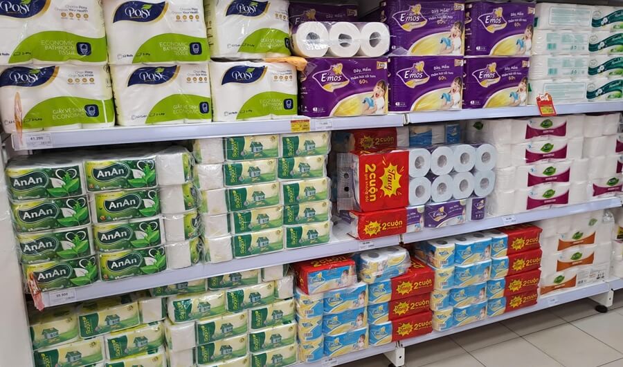 Toilet paper products in a supermarket in Vietnam