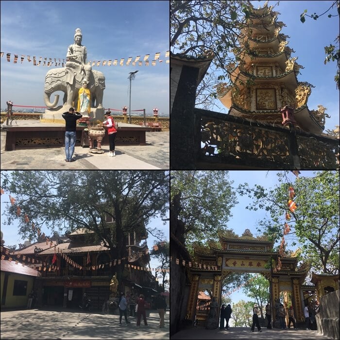 Visitor lighting incense and the temple gate at Chau Thoi Pagoda