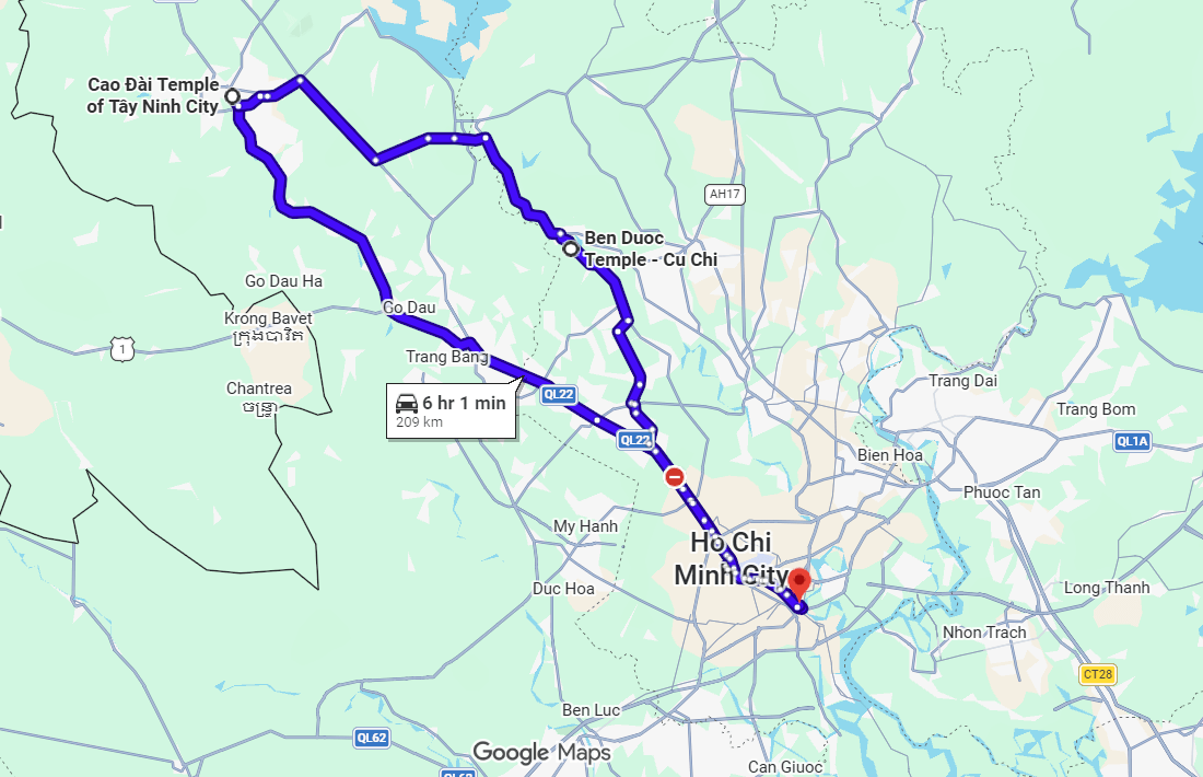 The route map from Ho Chi Minh to Cao Dai and Ben Duoc in Cu Chi Tunnels, cropped from Google Maps
