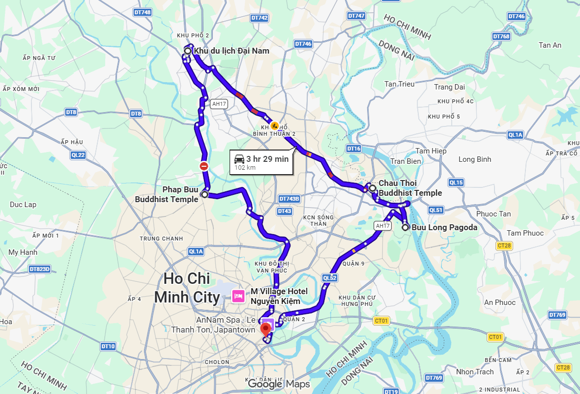 Temple route map in Ho Chi Minh City by car