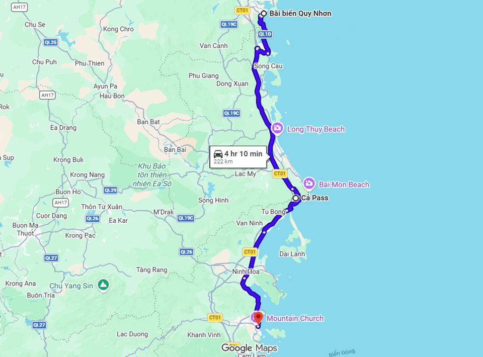 Map moving by car from Quy Nhon to Nha Trang over Ca Pass
