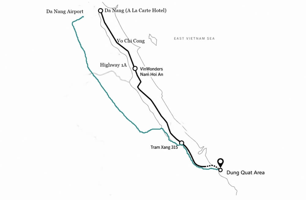 Simple route map showing the expressway and coastal routes from Da Nang to Dung Quat