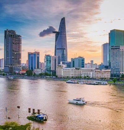 Saigon River and Ho Chi Minh City skyline with Bitexco Tower